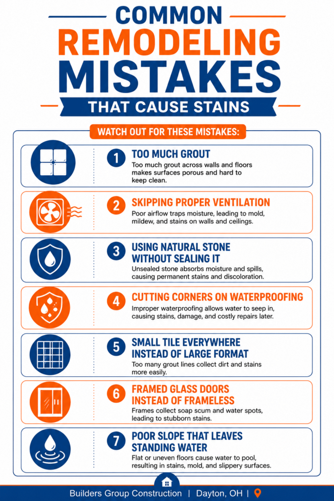 Learn how to prevent shower stains with the right bathroom remodeling choices, including easy-to-clean materials, proper drainage, and ventilation.